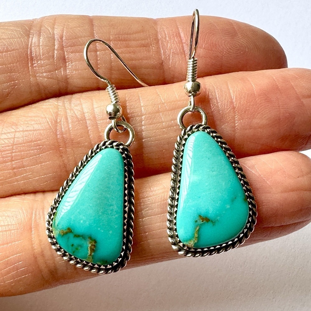 Navajo Turquoise Earrings 1.5in Hook Dangle 925 Sterling Signed Alvin Joe Native